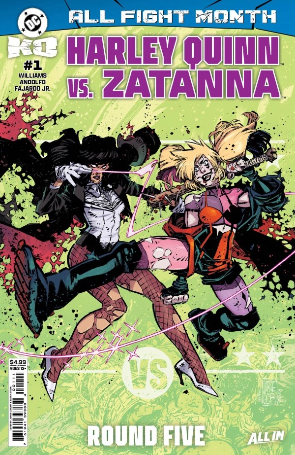 Comic cover showing Harley Quinn and Zatanna in mid-air combat on a green background. Dynamic action, intense expressions. Text: "Harley Quinn vs. Zatanna."