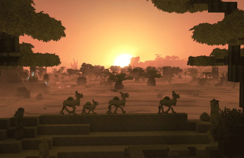 Hytale, early access, pre-purchase, Jan. 2026 indie fantasy RPG, website platform, Hypixel Studios, camels walking by a sunset, atmospheric