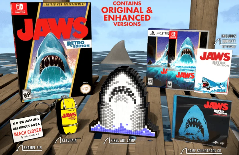 Jaws Retro Edition celebrating 50th anniversary of film, Limited Run Games rehashing NES, 8-bit pixelated game with Jaws references, featuring Enhanced version, standard edition and bigger boat edition, Bigger Boat Edition goodies