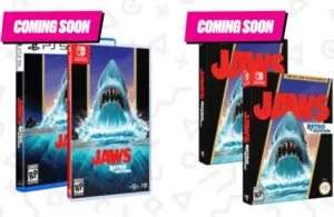 Jaws Retro Edition celebrating 50th anniversary of film, Limited Run Games rehashing NES, 8-bit pixelated game with Jaws references, featuring Enhanced version, standard edition and bigger boat edition, bundles
