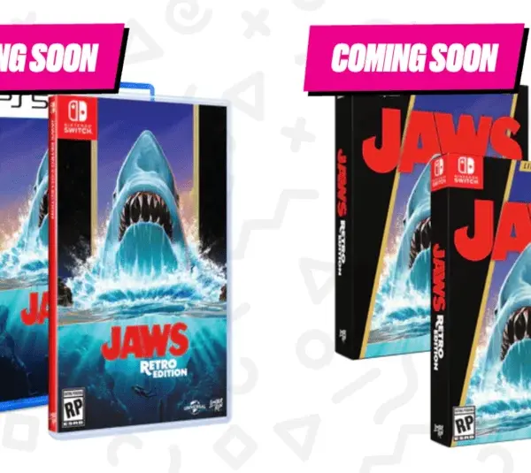 Jaws Retro Edition celebrating 50th anniversary of film, Limited Run Games rehashing NES, 8-bit pixelated game with Jaws references, featuring Enhanced version, standard edition and bigger boat edition, bundles