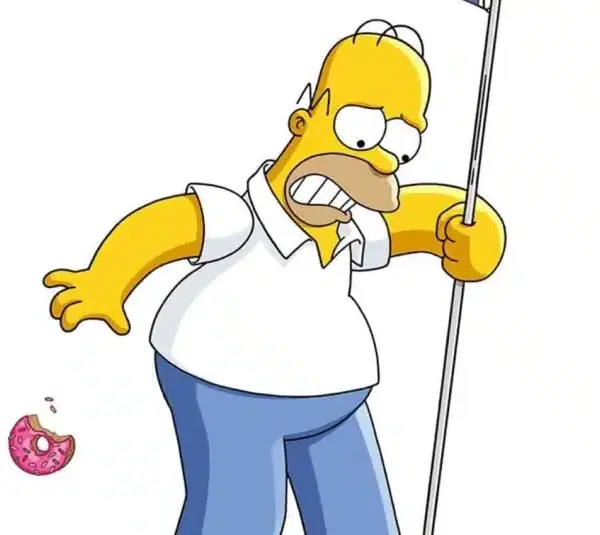 Homer Simpson is holding a flag labeled "In Theaters 09.03.2027" for "The Simpsons Movie 2," stepping on his foot with a pole and looking uncomfortable as a pink donut falls.