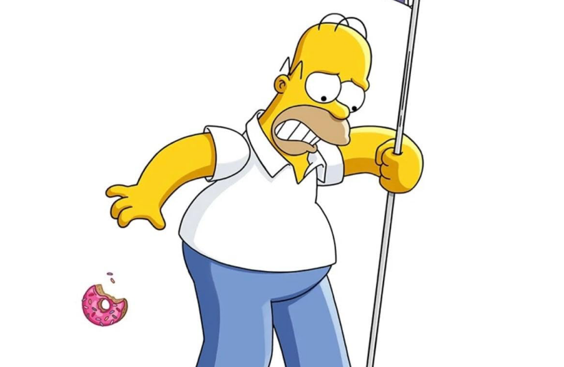 Homer Simpson is holding a flag labeled "In Theaters 09.03.2027" for "The Simpsons Movie 2," stepping on his foot with a pole and looking uncomfortable as a pink donut falls.