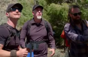 Ryan Skinner, Chad Ollinger (pictured far right) and James Keenan in Mystery at Blind Frog Ranch (2021)