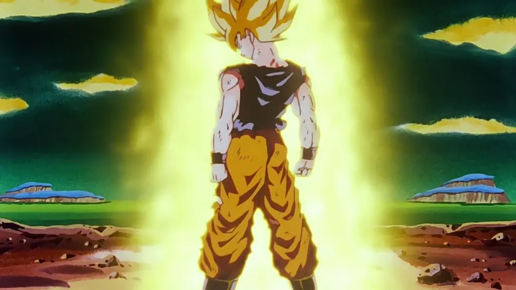 A character with spiky yellow hair stands confidently, surrounded by a glowing aura. They're wearing a torn outfit against a dramatic landscape with green and brown hues.