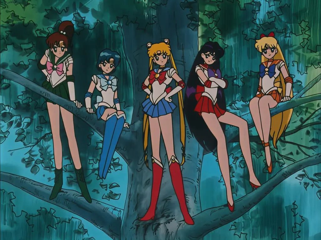 Five anime girls in sailor uniforms sit confidently on tree branches. Their colorful outfits and heroic poses embody a sense of teamwork and strength.