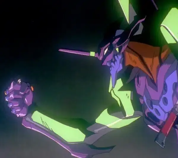 A vibrant green and purple mecha with an angular helmet and glowing eyes, extending its arm forward in a powerful motion against a dark background.