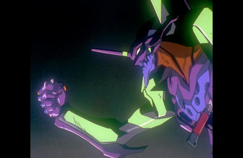 A vibrant green and purple mecha with an angular helmet and glowing eyes, extending its arm forward in a powerful motion against a dark background.