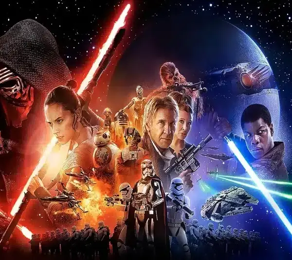 Collage of Star Wars The Force Awakens, characters with lightsabers, spaceships, and stormtroopers. The scene is set in space, conveying action and adventure.