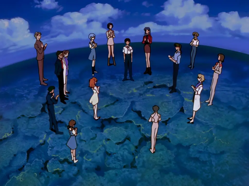 Animated characters form a circle on a globe against a dramatic sky. The scene conveys unity and contemplation, with various postures and expressions.