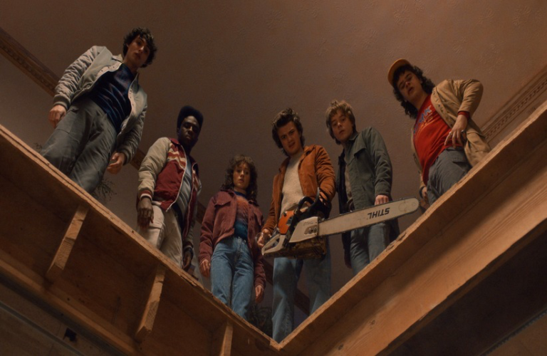 Natalia Dyer, Caleb McLaughlin, Finn Wolfhard, Charlie Heaton, Joe Keery, and Gaten Matarazzo in Chapter Three: The Turnbow Trap (2025)
