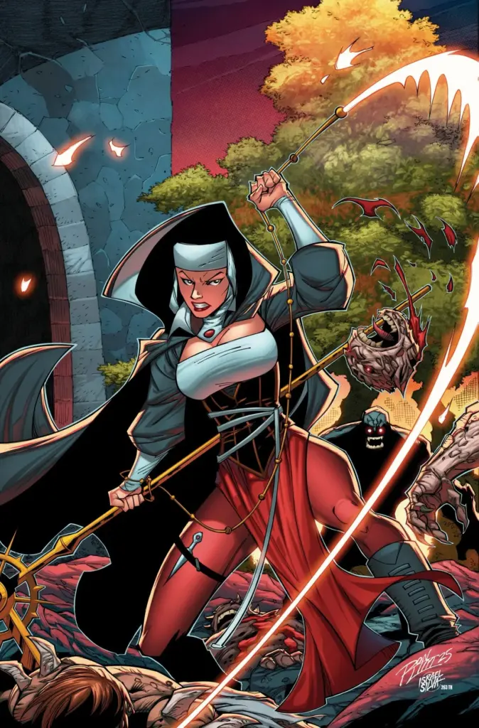 A determined female warrior in a nun's habit wields a glowing scythe against a monstrous creature in a dynamic, colorful comic book scene.