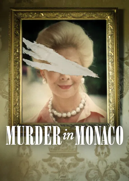 A portrait of a woman with a pearl necklace is slashed across the eyes. "Murder in Monaco" is written in bold white text below, set in an elegant room.