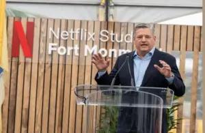 Netflix co-CEO Ted Sarandos speaks at a groundbreaking for Netflix Studios in New Jersey.