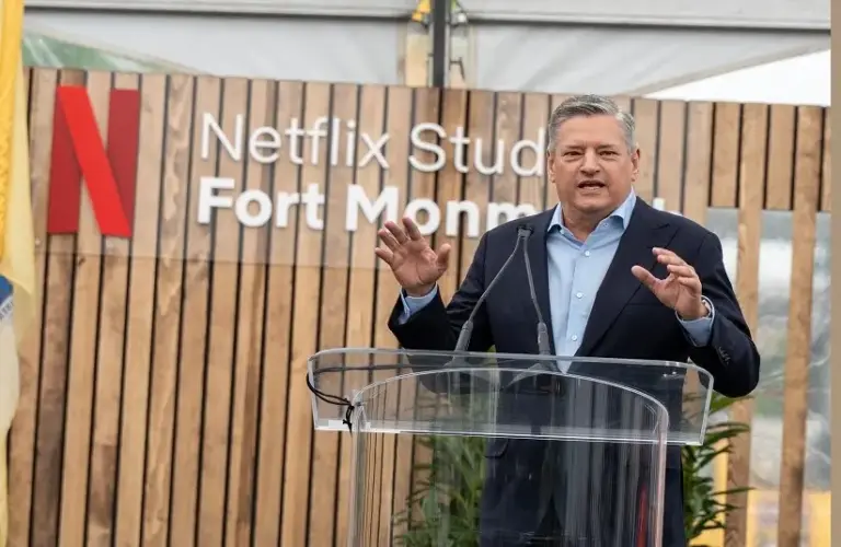 Netflix co-CEO Ted Sarandos speaks at a groundbreaking for Netflix Studios in New Jersey.