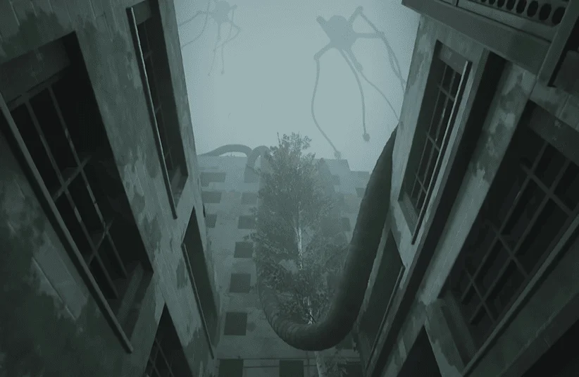 Quite A Ride, Goodwin Games, Silver Lining Interactive, surreal horror game where you bike to a friend's house only to encounter a series of horrific terrors, creatures hovering in the sky above a city