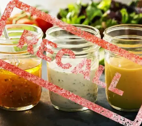 Variety of dressings in mason jars including vinaigrette, ranch, and honey mustard + recall graphic