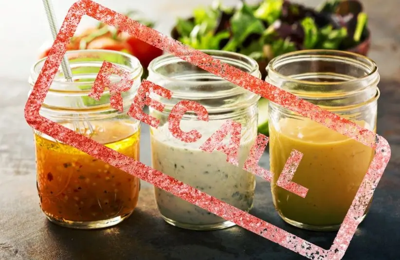 Variety of dressings in mason jars including vinaigrette, ranch, and honey mustard + recall graphic
