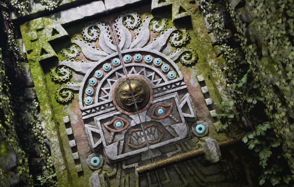 An ancient door being unlocked by a puzzle being completed.
