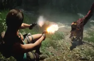 Laura Croft in Tomb Raider Legacy of Atlantis shooting at a raptor.