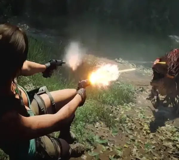 Laura Croft in Tomb Raider Legacy of Atlantis shooting at a raptor.