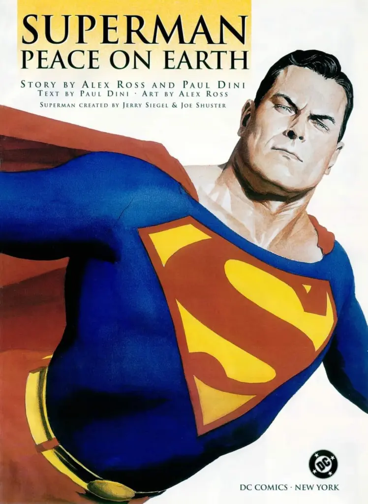 Comic cover titled "Superman: Peace on Earth" shows Superman with a determined expression, wearing his iconic blue suit and red cape.