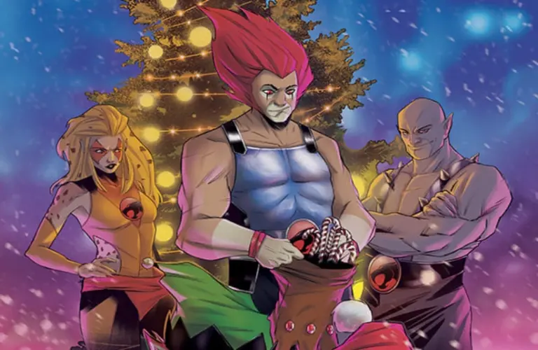 Three animated characters stand in front of a decorated Christmas tree. One holds a sack of candy canes. Snow is falling, adding a festive atmosphere.