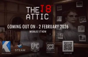 The 18th Attic, Steelkrill Studio, Feb. 2026 release, spot the anomalies to escape a haunted, time-looping attic, dark secrets, support animal, cat, polaroid camera