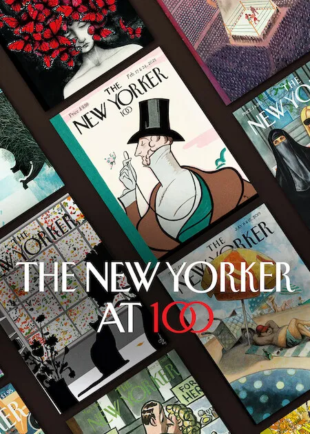 A collage of "The New Yorker" magazine covers with diverse artwork designs. Text reads "The New Yorker at 100" in bold white letters, celebrating its centenary.