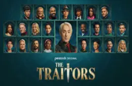 Grid of diverse contestants' portraits in ornate frames around central figure. Text reads "Peacock Original The Traitors" with a dagger motif, dramatic tone.