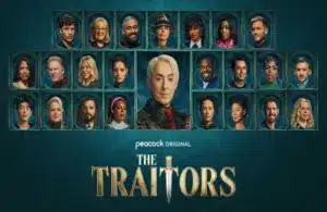 Grid of diverse contestants' portraits in ornate frames around central figure. Text reads "Peacock Original The Traitors" with a dagger motif, dramatic tone.