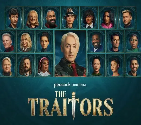 Grid of diverse contestants' portraits in ornate frames around central figure. Text reads "Peacock Original The Traitors" with a dagger motif, dramatic tone.