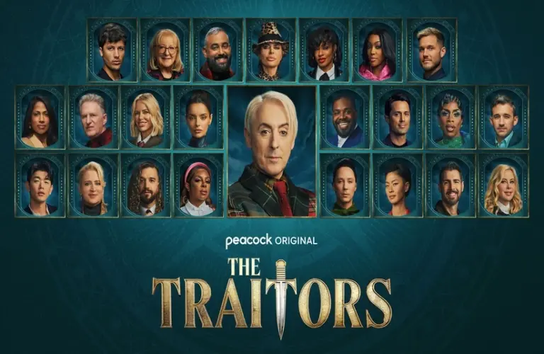 Grid of diverse contestants' portraits in ornate frames around central figure. Text reads "Peacock Original The Traitors" with a dagger motif, dramatic tone.