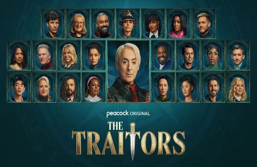 Grid of diverse contestants' portraits in ornate frames around central figure. Text reads "Peacock Original The Traitors" with a dagger motif, dramatic tone.