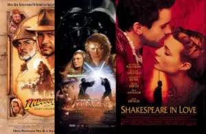Posters for Indiana Jones & the Last Crusade, Star Wars III Revenge of the Sity, and Shakespeare in Love, Tom Stoppard