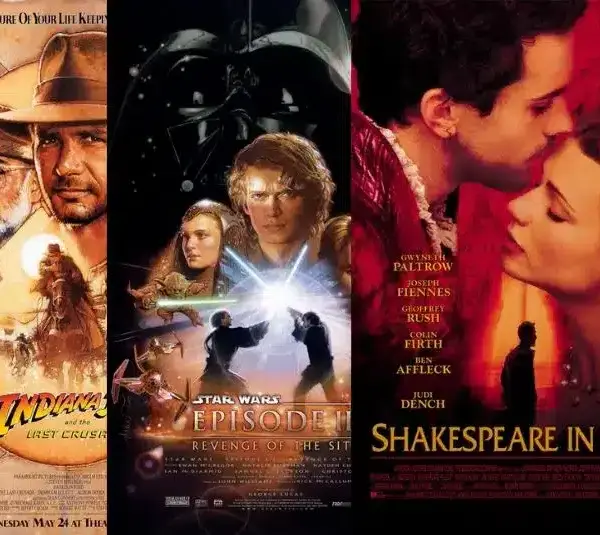 Posters for Indiana Jones & the Last Crusade, Star Wars III Revenge of the Sity, and Shakespeare in Love, Tom Stoppard