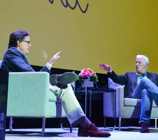 Stephen Colbert interviews Richard Gere on May 2, 2015, at the Wellmont Theater. \"In Conversation with Richard Gere\" was part of The 2015 Montclair Film Festival Conversation Series. Colbertgereee