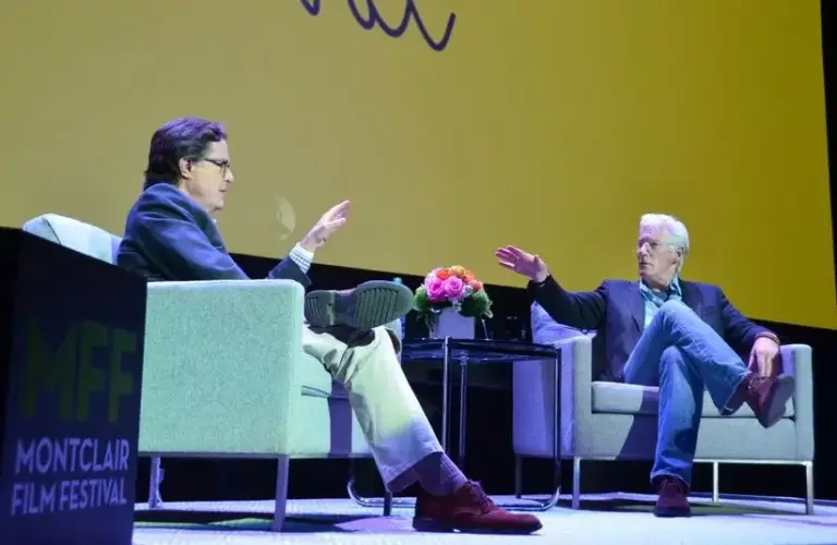 Stephen Colbert interviews Richard Gere on May 2, 2015, at the Wellmont Theater. \"In Conversation with Richard Gere\" was part of The 2015 Montclair Film Festival Conversation Series. Colbertgereee