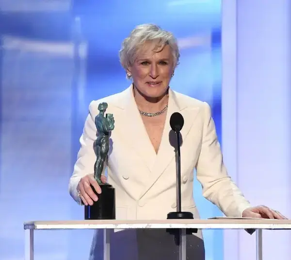 Jan 27, 2019; Los Angeles, CA, USA; Glenn Close accepts the award for outstanding performance by a female actor in a leading role for her role as Joan Castleman in the motion picture THE WIFE at the 25th Annual Screen Actors Guild Awards at the Shrine Auditorium. Mandatory Credit: Robert Hanashiro-USA TODAY NETWORK