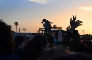 Singer Mario performs above the crowd on the main stage during the .Paak House music festival at the Ventura County Fairgrounds on Friday, May 12, 2023.
