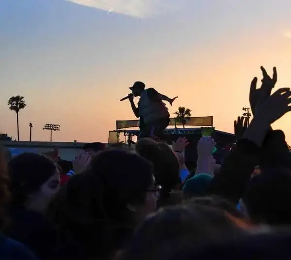 Singer Mario performs above the crowd on the main stage during the .Paak House music festival at the Ventura County Fairgrounds on Friday, May 12, 2023.