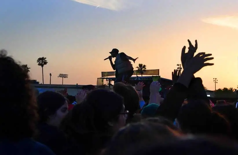 Singer Mario performs above the crowd on the main stage during the .Paak House music festival at the Ventura County Fairgrounds on Friday, May 12, 2023.