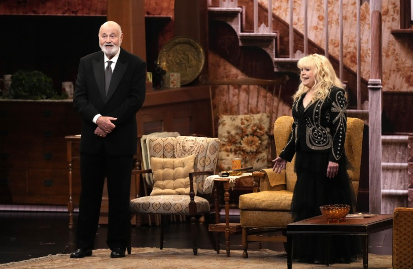 Jan 15, 2024; Los Angeles, CA, USA; Rob Reiner (left) and Sally Struthers introduce the In Memoriam segment while standing in an All in the Family set on stage during the 75th Emmy Awards at the Peacock Theater in Los Angeles on Monday, Jan. 15, 2024. Mandatory Credit: Robert Hanashiro-USA TODAY