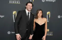 Feb 6, 2025; New Orleans, LA, USA; Josh Allen and Hailee Steinfeld on the red carpet before Super Bowl LIX NFL Honors at Saenger Theatre. Mandatory Credit: Kirby Lee-Imagn Images