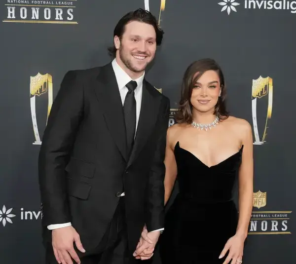 Feb 6, 2025; New Orleans, LA, USA; Josh Allen and Hailee Steinfeld on the red carpet before Super Bowl LIX NFL Honors at Saenger Theatre. Mandatory Credit: Kirby Lee-Imagn Images