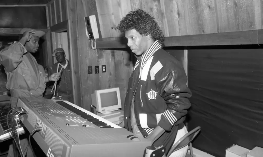 Sly Stone finishes the last song early Saturday of his latest album at Studio Seven, 417 N. Virginia Ave. in Oklahoma City in December 1987.