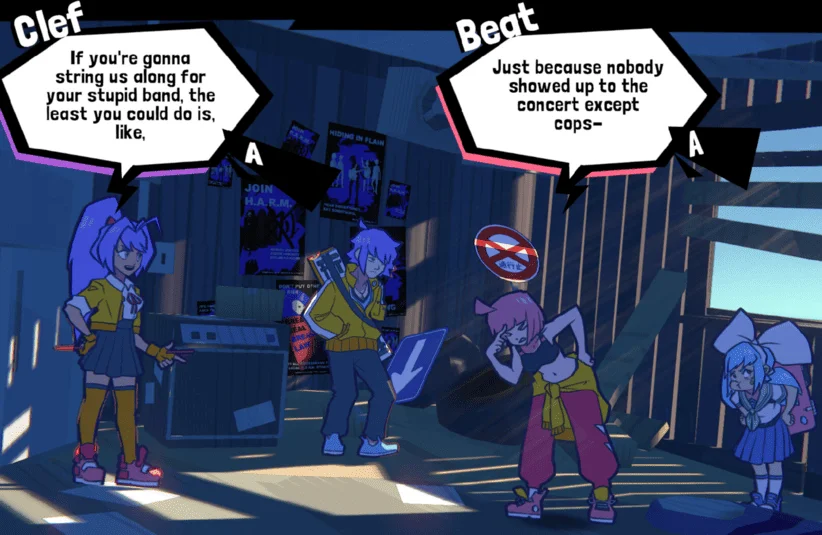 Unbeatable, 2D-3D mixed, anime-influenced game, music is illegal, play to rebel, action adventure, Beat and the band arguing
