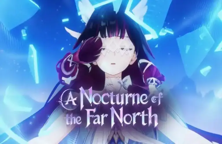 Genshin Impact character, Columbina from A Nocturne of the Far North, with dark hair and a white mask covering her eyes, surrounded by floating blue shards. Text reads "A Nocturne of the Far North."