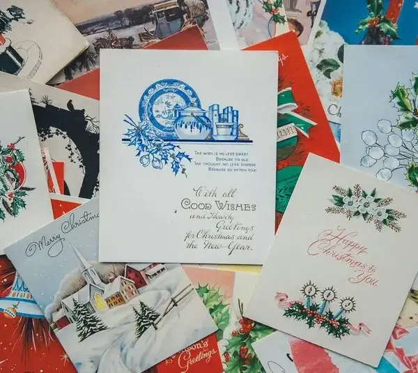 Pile of Christmas cards, greeting cards, holiday cards