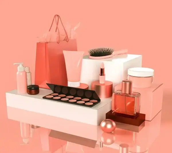 A display of cosmetics with a pink background, beauty products